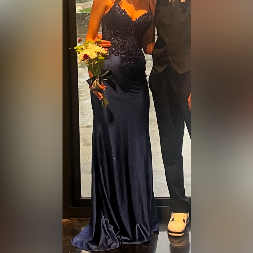 Glam Couture Navy Blue Prom Dress - Size 2